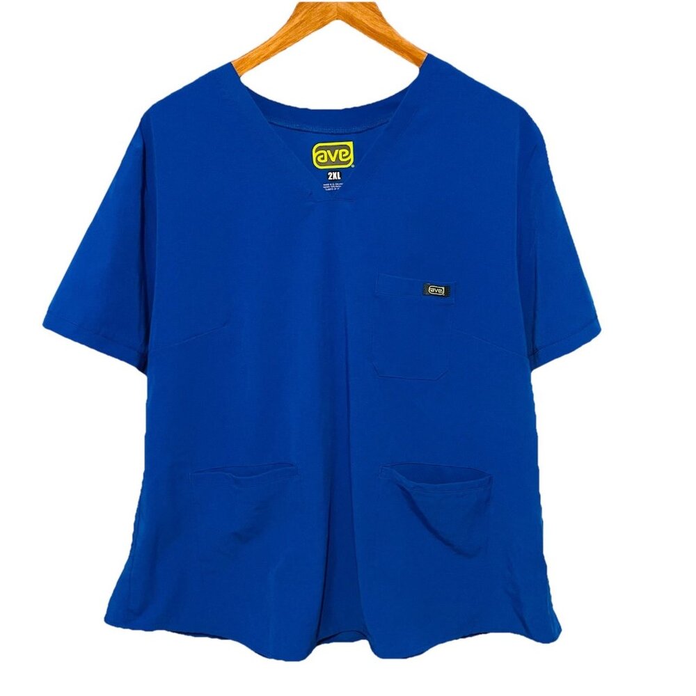AVE Shirt Womens Size 2XL Blue Scrubs Top V-Neck Nurse Uniform Work Tech Pockets